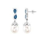 Pearl Drop Earrings with London Blue Topaz and Diamond Freshwater Pearl-AAAA Quality - Arisha Jewels