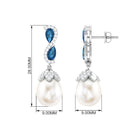 Pearl Drop Earrings with London Blue Topaz and Diamond Freshwater Pearl-AAAA Quality - Arisha Jewels
