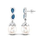 Pearl Drop Earrings with London Blue Topaz and Diamond Freshwater Pearl-AAAA Quality - Arisha Jewels