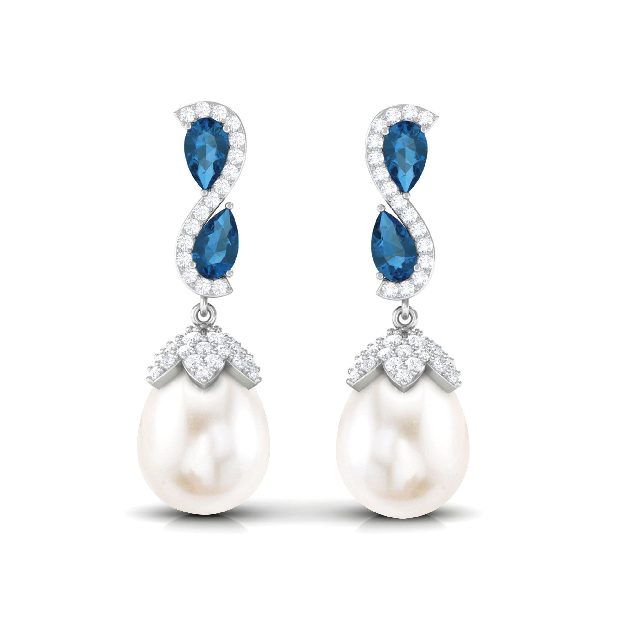 Pearl Drop Earrings with London Blue Topaz and Diamond Freshwater Pearl-AAAA Quality - Arisha Jewels