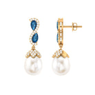 Pearl Drop Earrings with London Blue Topaz and Diamond Freshwater Pearl-AAAA Quality - Arisha Jewels