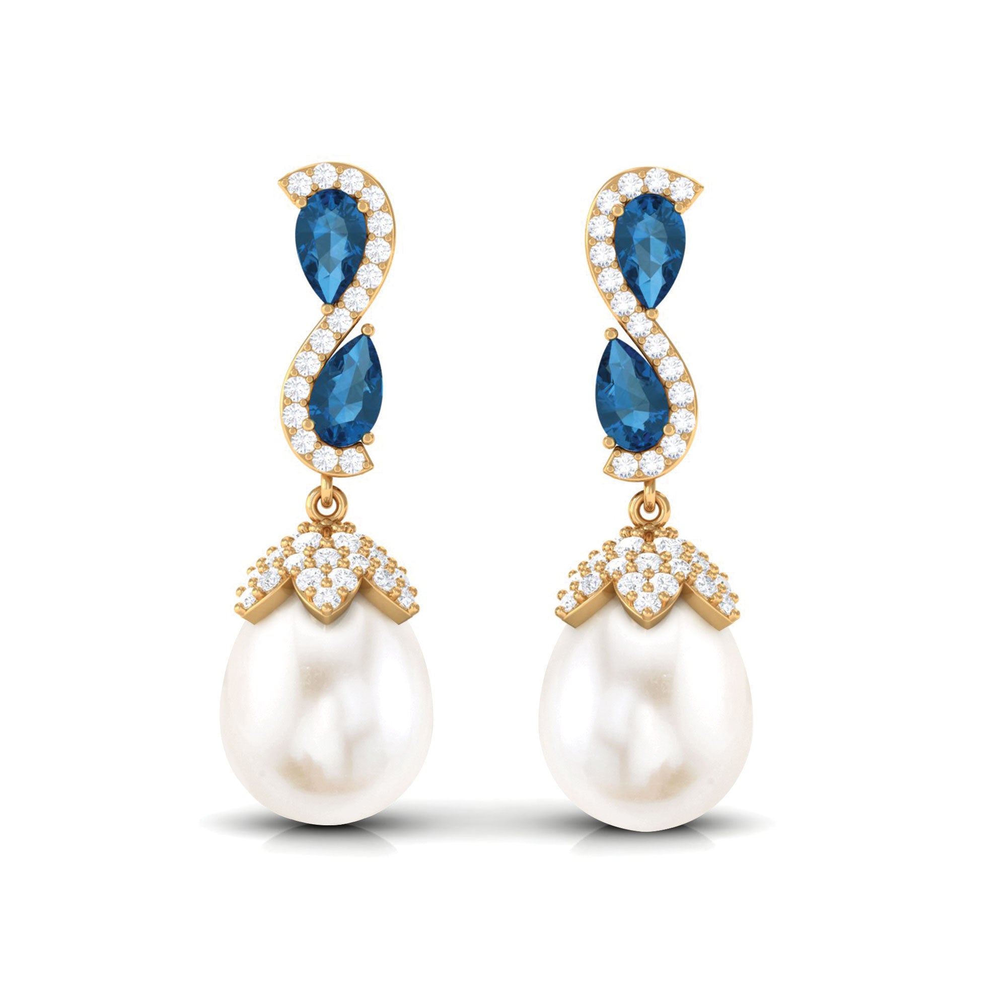 Pearl Drop Earrings with London Blue Topaz and Diamond Freshwater Pearl-AAAA Quality - Arisha Jewels