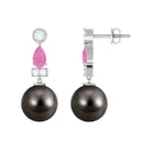 Black Pearl Drop Earrings with Pink Sapphire and Diamond Tahitian pearl-AAAA Quality - Arisha Jewels