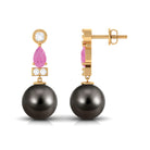 Black Pearl Drop Earrings with Pink Sapphire and Diamond Tahitian pearl-AAAA Quality - Arisha Jewels