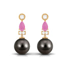 Black Pearl Drop Earrings with Pink Sapphire and Diamond Tahitian pearl-AAAA Quality - Arisha Jewels