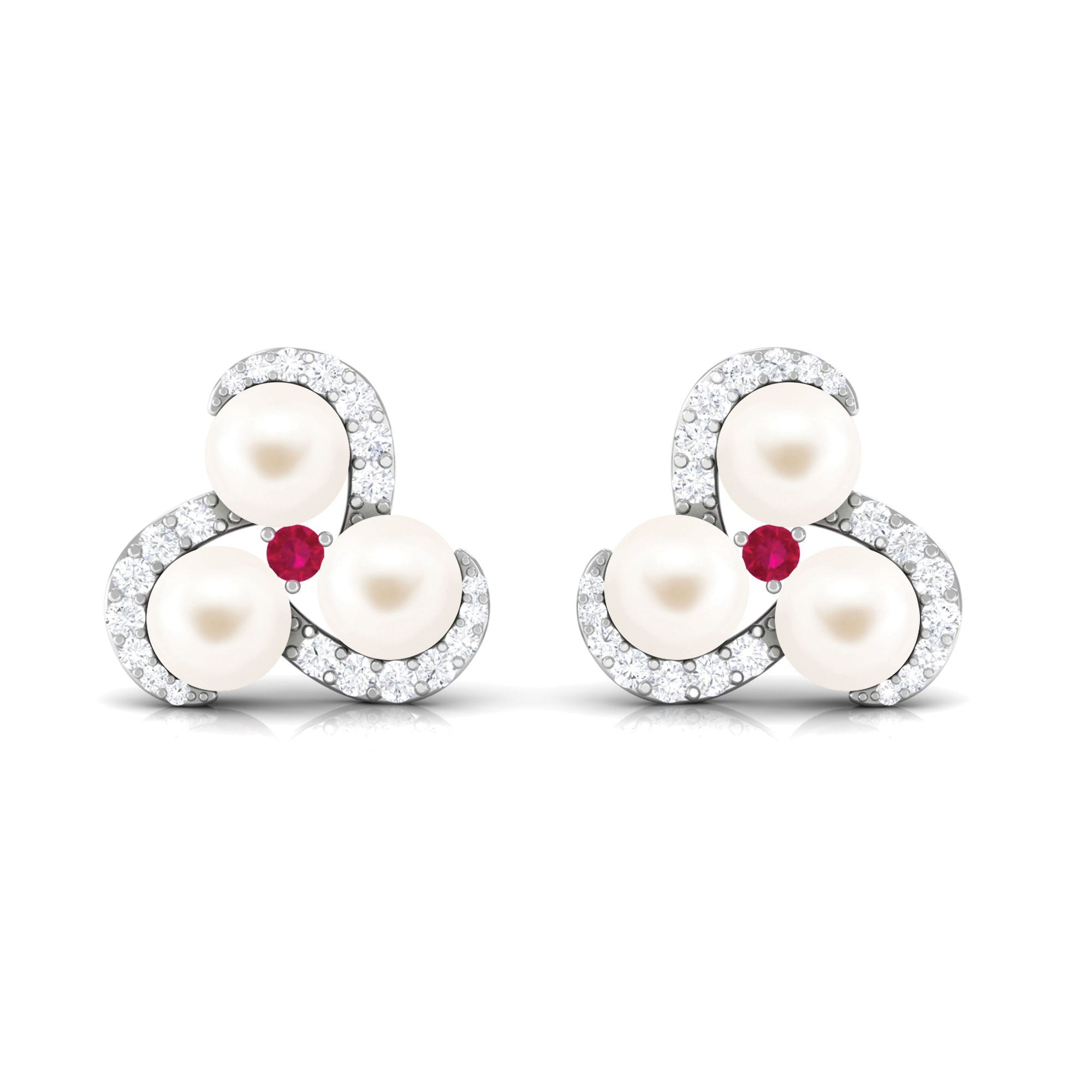 Freshwater Pearl Cluster Stud Earrings with Ruby and Diamond Freshwater Pearl-AAAA Quality - Arisha Jewels