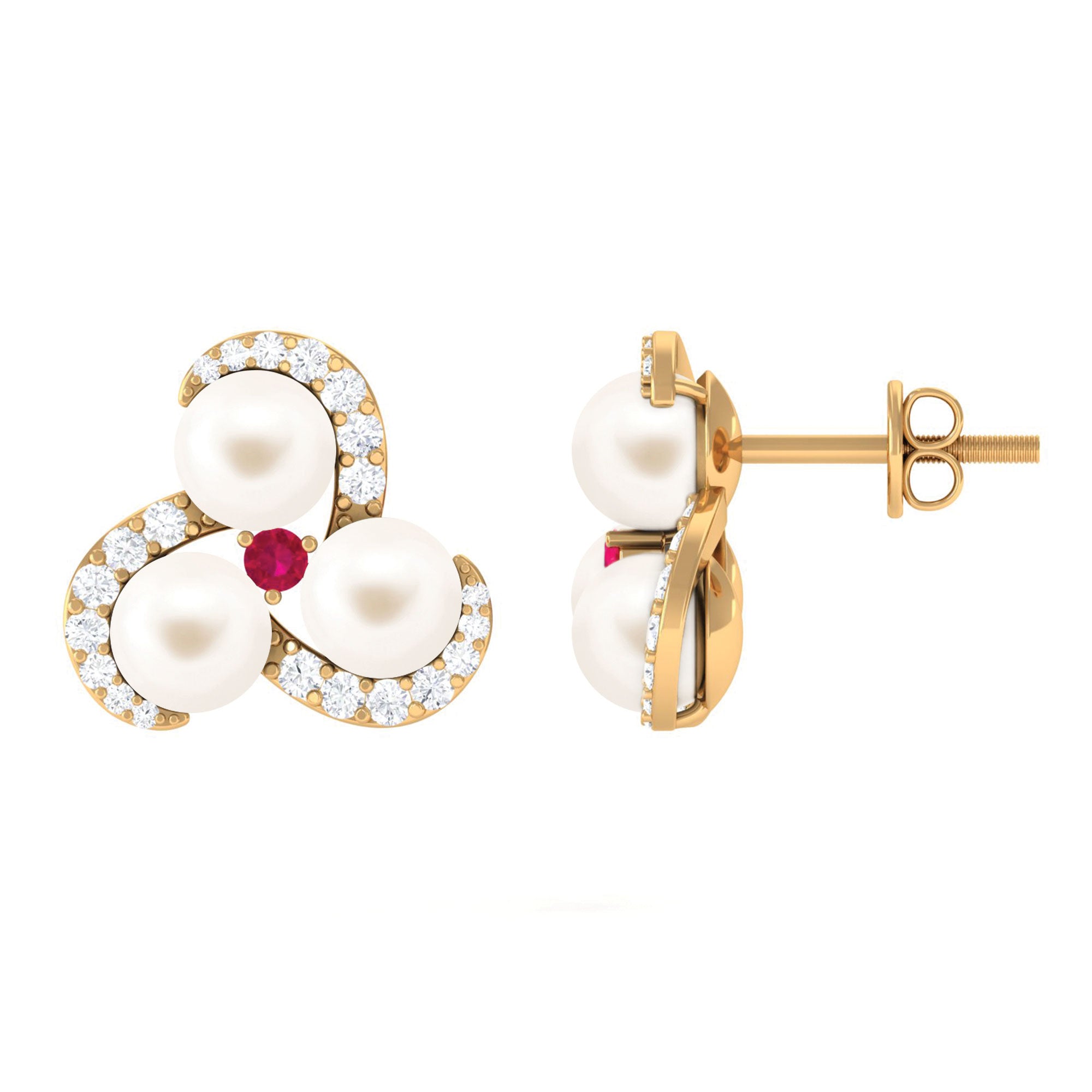 Freshwater Pearl Cluster Stud Earrings with Ruby and Diamond Freshwater Pearl-AAAA Quality - Arisha Jewels