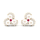 Freshwater Pearl Cluster Stud Earrings with Ruby and Diamond Freshwater Pearl-AAAA Quality - Arisha Jewels