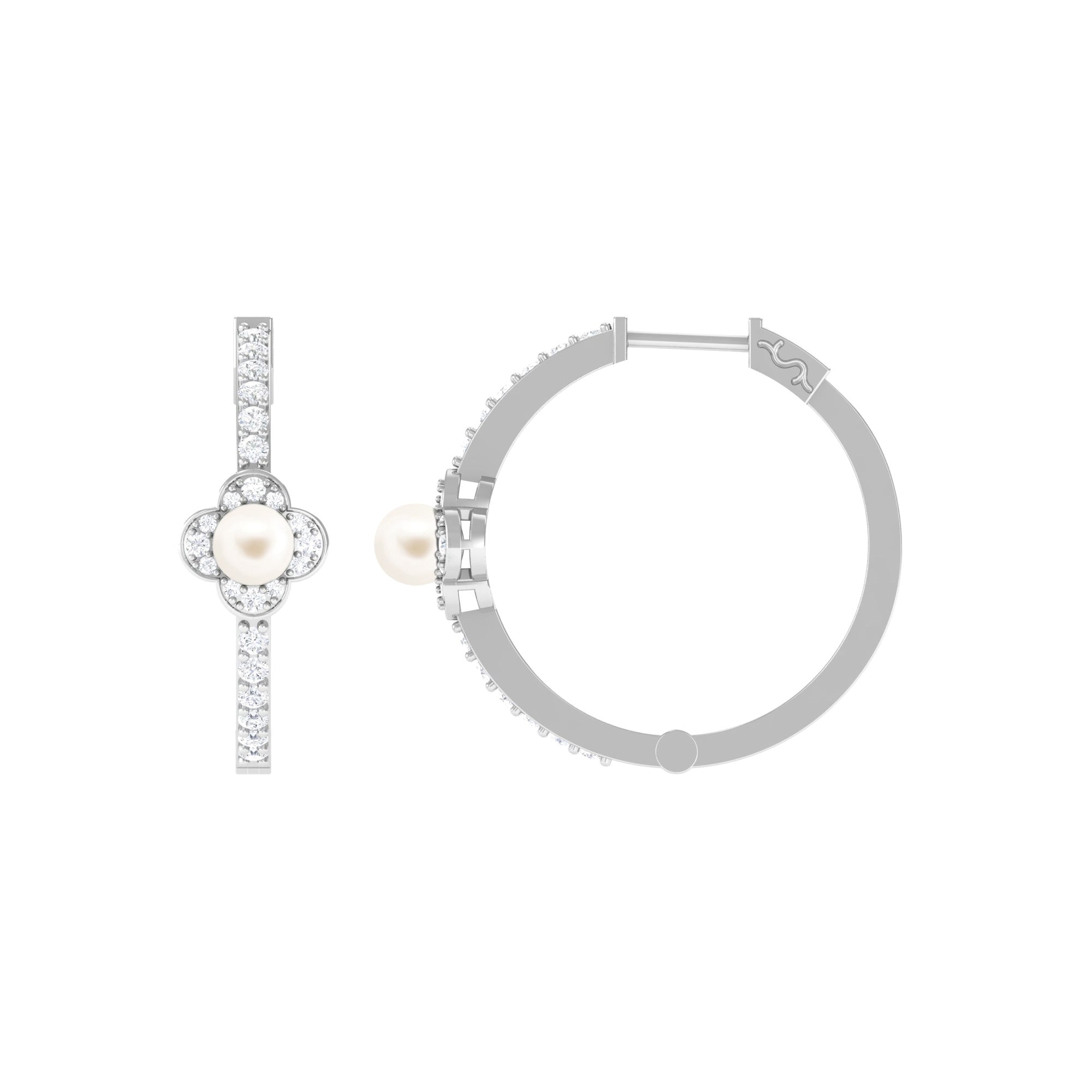 White Pearl Flower Hoop Earrings with Diamond Freshwater Pearl-AAAA Quality - Arisha Jewels