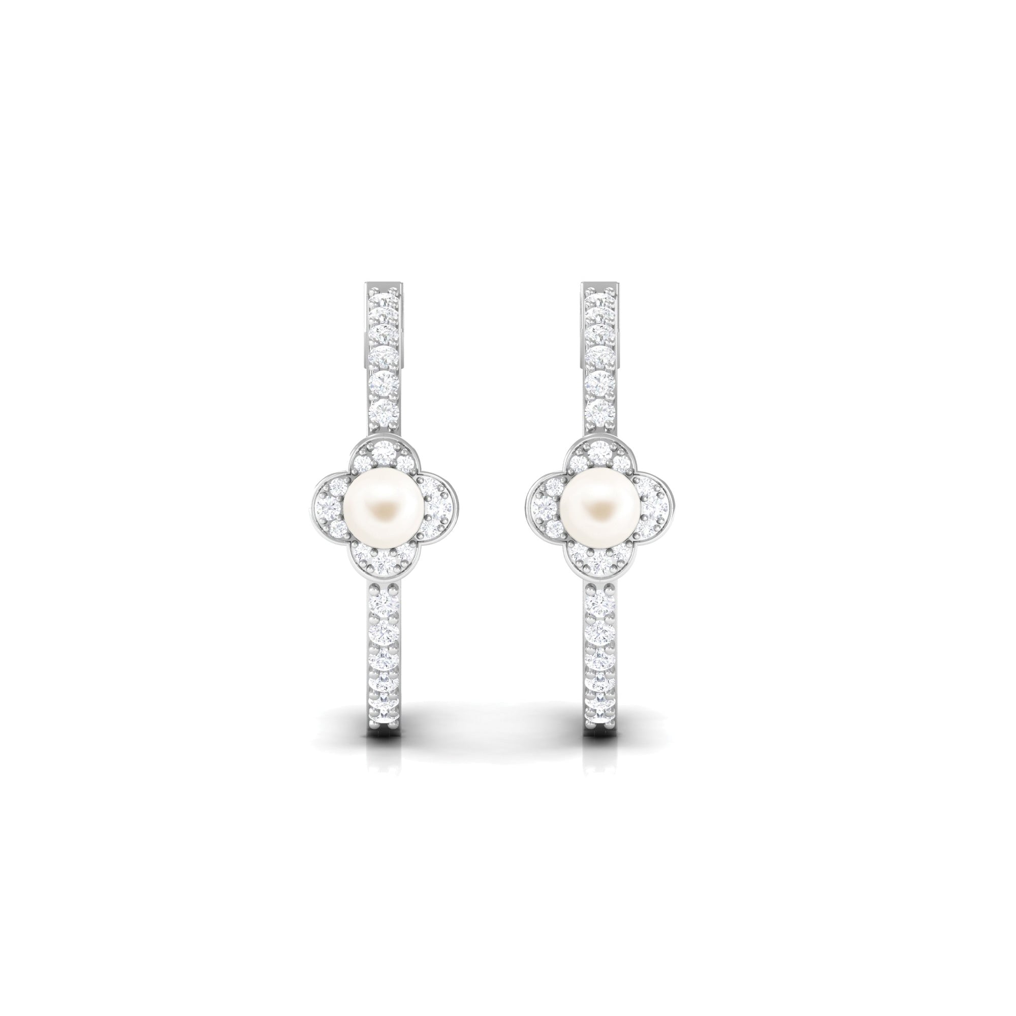 White Pearl Flower Hoop Earrings with Diamond Freshwater Pearl-AAAA Quality - Arisha Jewels