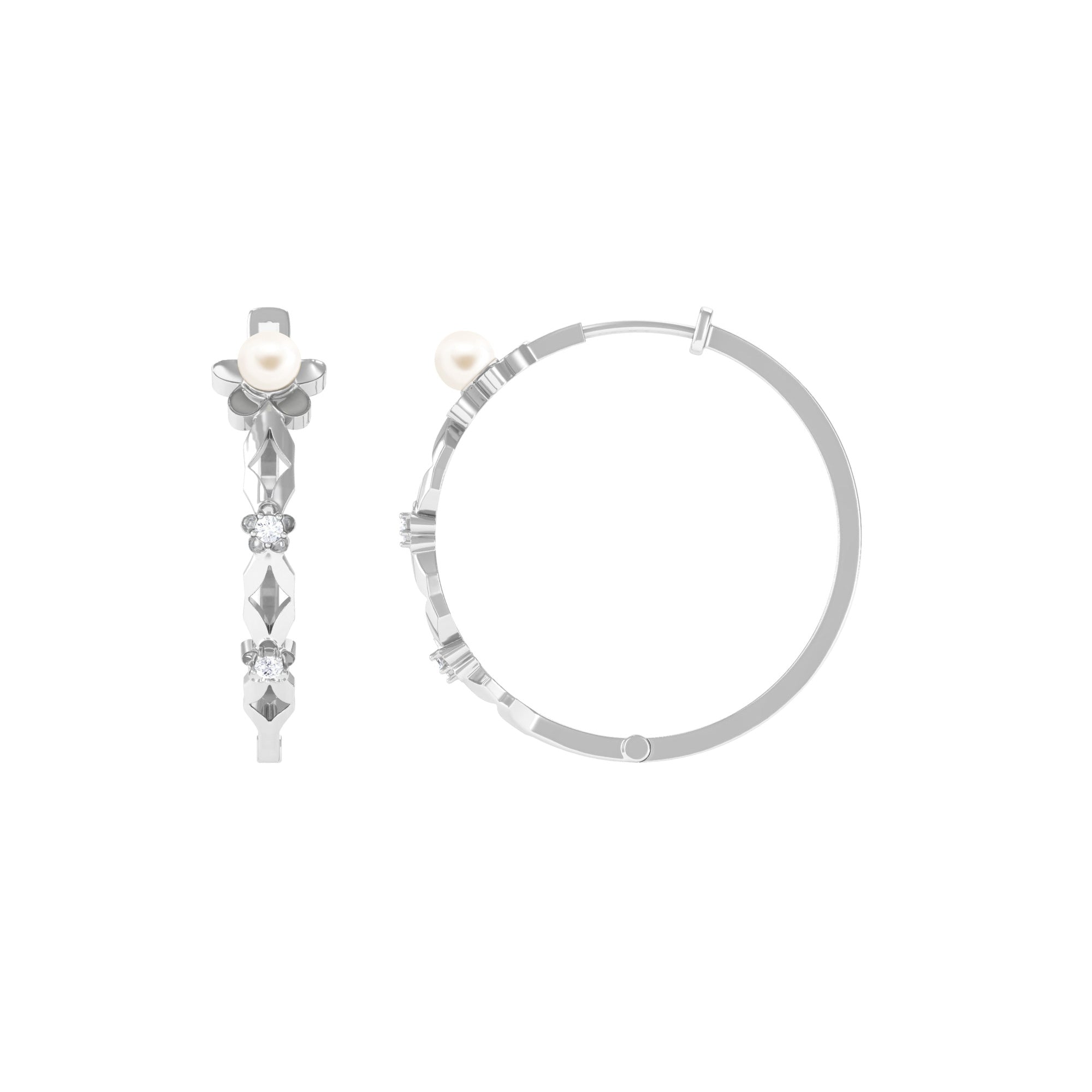 Nature Inspired White Pearl Floral Inspired Hoop Earrings with Diamond Freshwater Pearl-AAAA Quality - Arisha Jewels