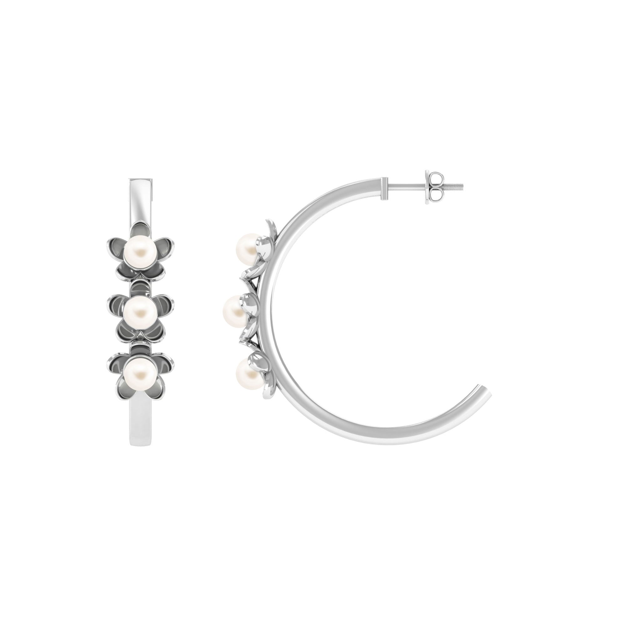 Floral Inspired Freshwater Pearl Three Stone Hoop Earrings Freshwater Pearl-AAAA Quality - Arisha Jewels