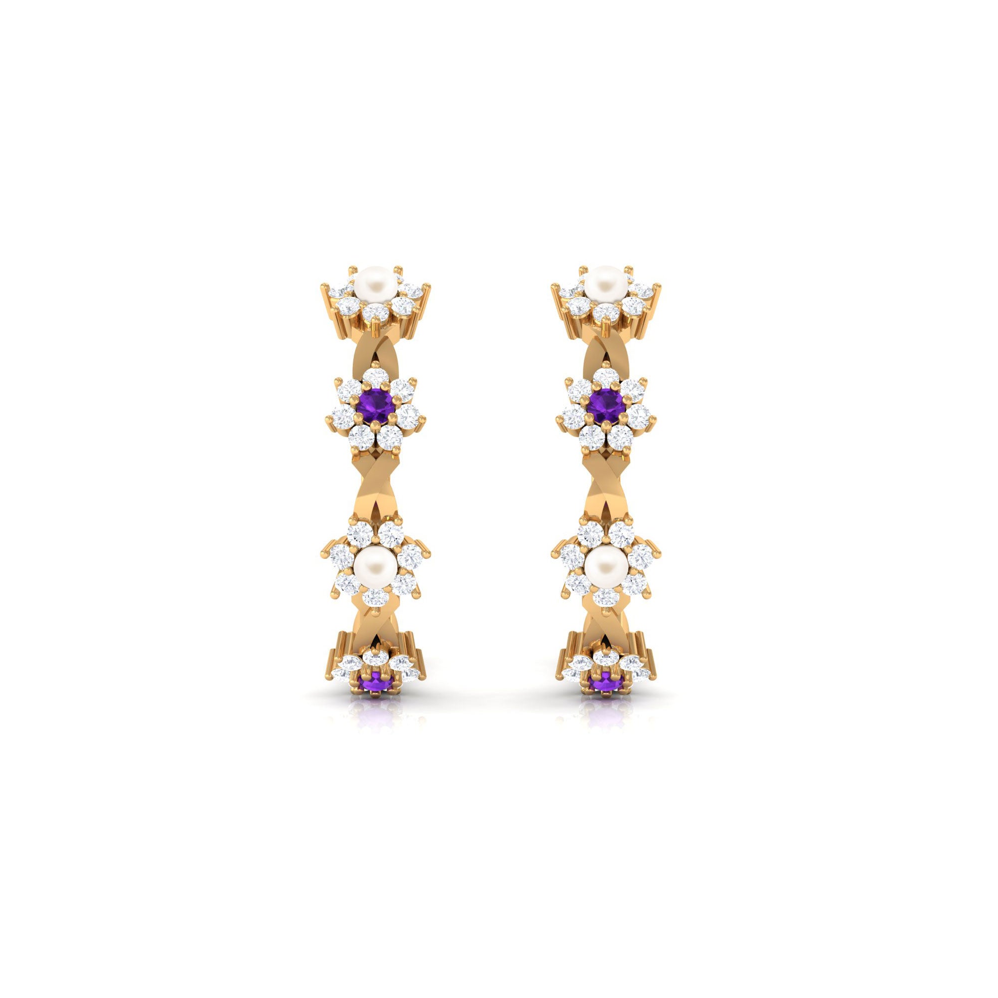 Floral Pearl Hoop Earrings with Amethyst and Diamond Freshwater Pearl-AAAA Quality - Arisha Jewels