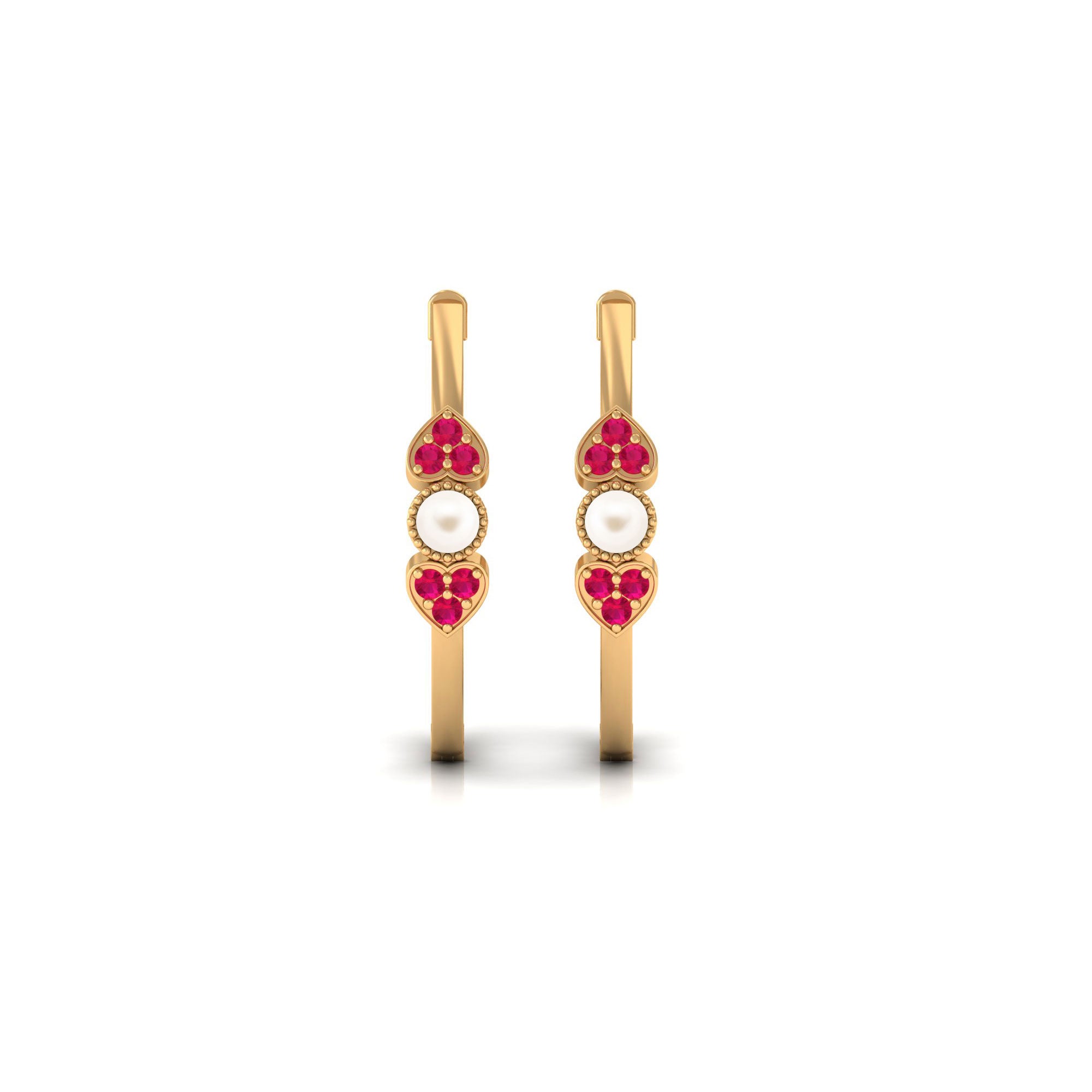 Vintage Inspired Freshwater Pearl Hoop Earrings with Ruby and Diamond Freshwater Pearl-AAAA Quality - Arisha Jewels