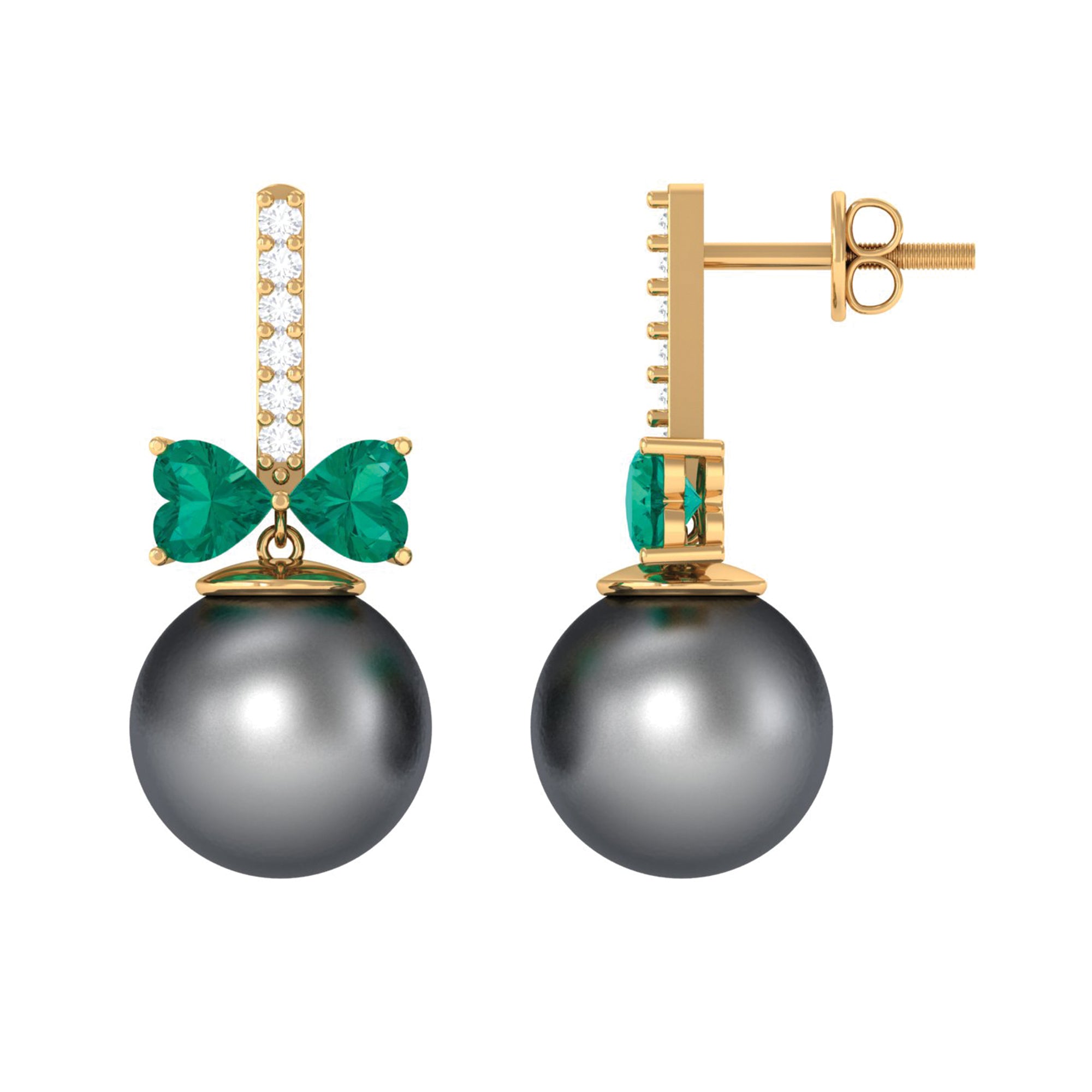 Elegant Black Pearl Drop Earrings with Emerald and Diamond Tahitian pearl-AAAA Quality - Arisha Jewels