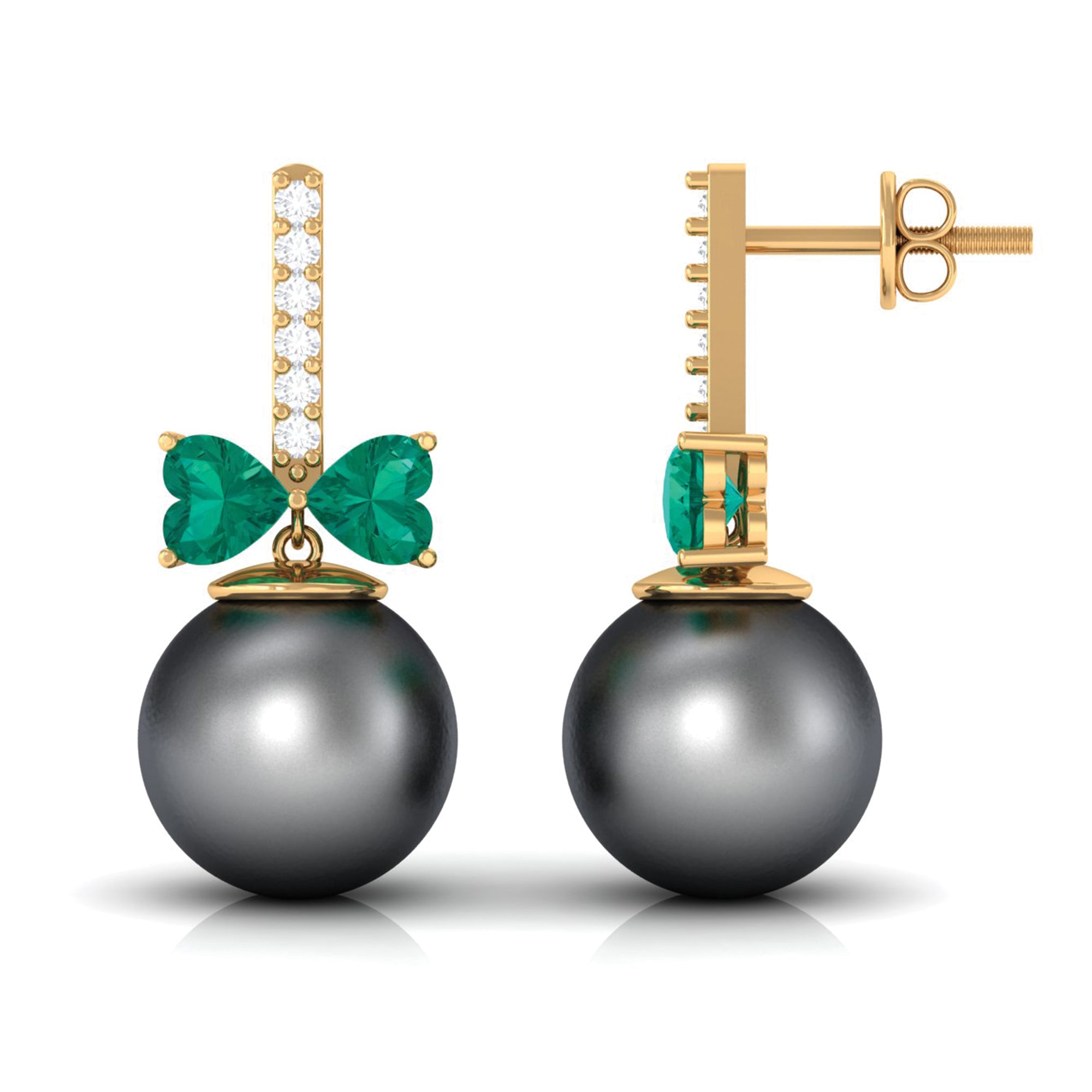 Elegant Black Pearl Drop Earrings with Emerald and Diamond Tahitian pearl-AAAA Quality - Arisha Jewels