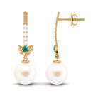 Real Freshwater Pearl Drop Earrings with Emerald and Diamond Freshwater Pearl-AAA Quality - Arisha Jewels