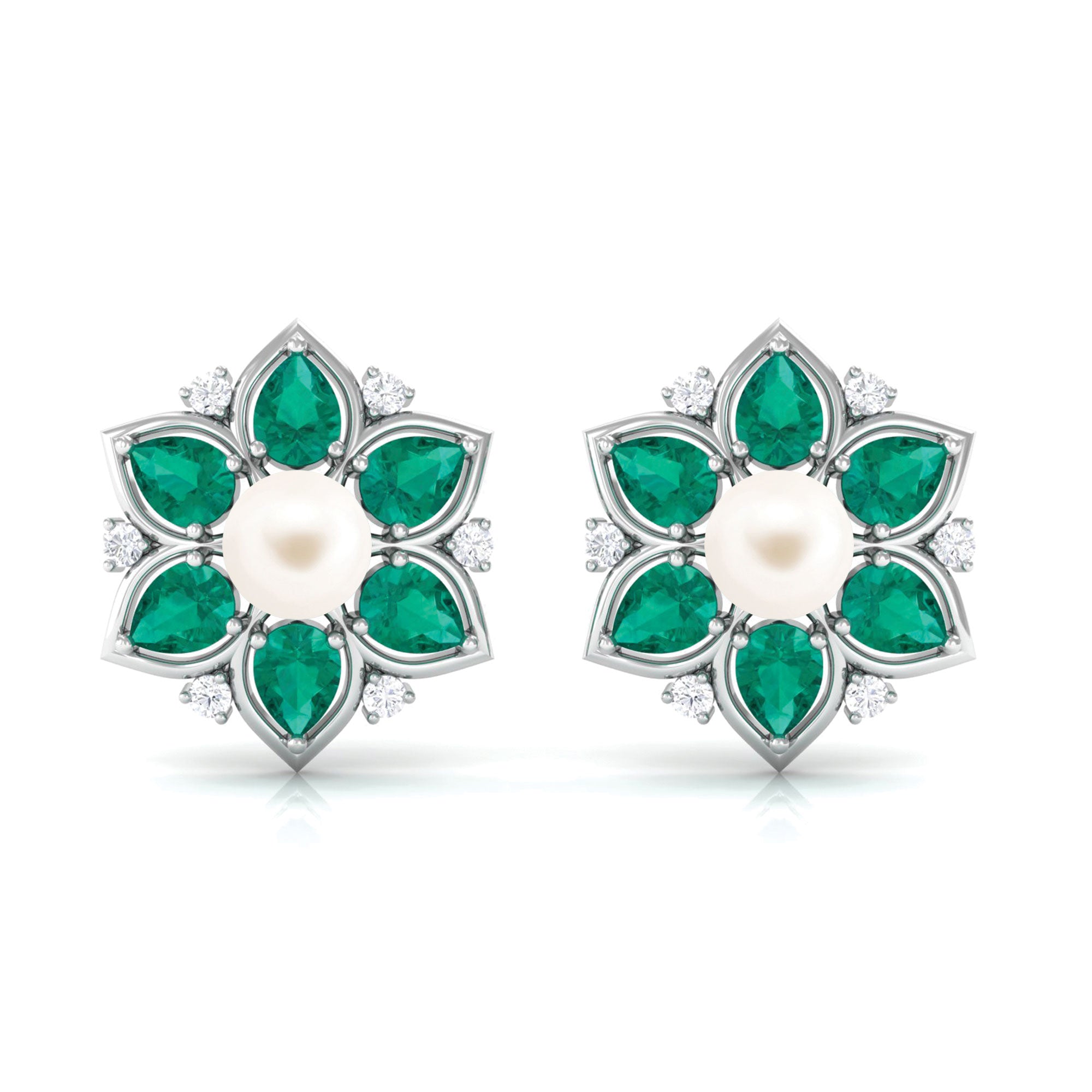 Flower Inspired Freshwater Pearl Stud Earrings with Emerald Freshwater Pearl-AAA Quality 5 MM - Arisha Jewels