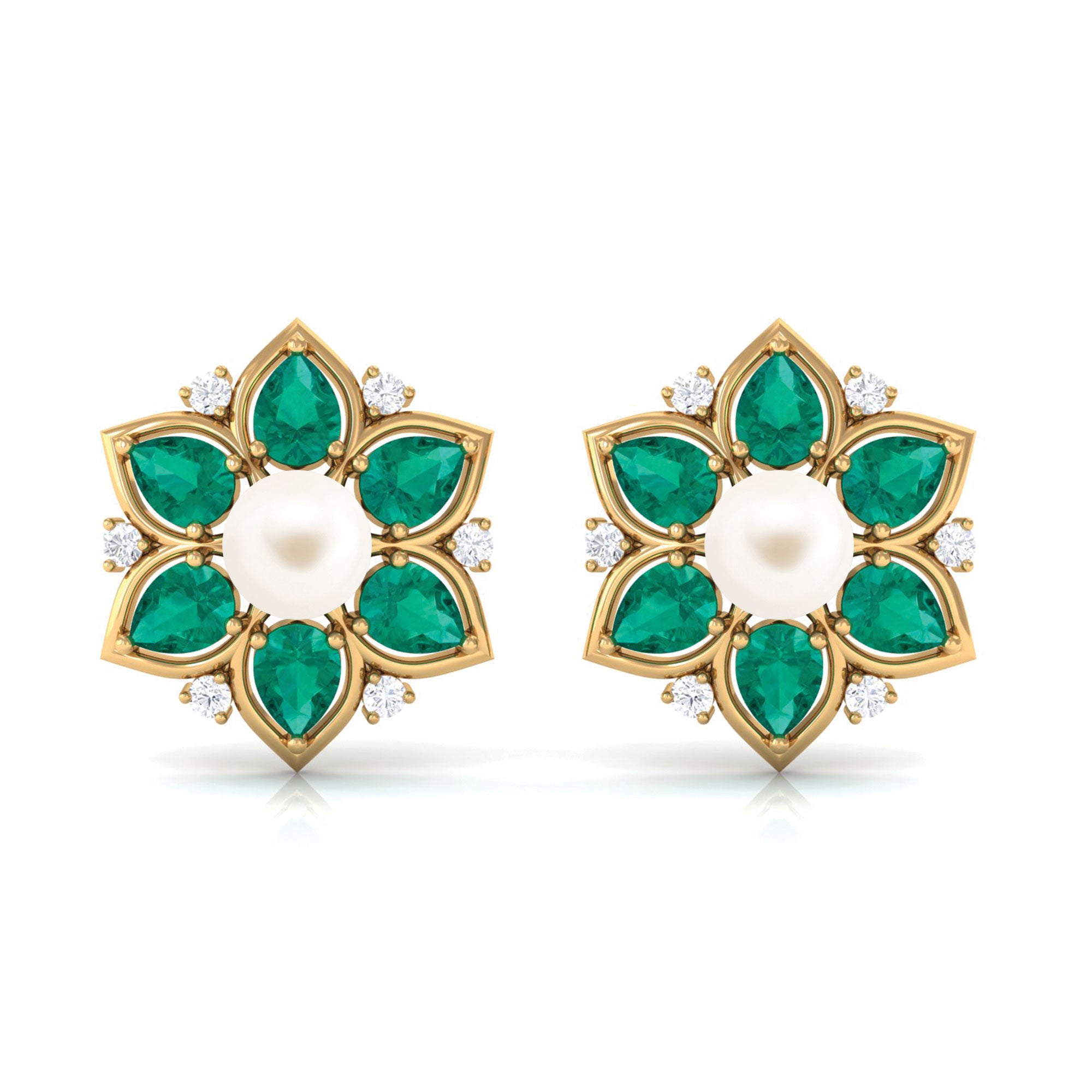 Flower Inspired Freshwater Pearl Stud Earrings with Emerald Freshwater Pearl-AAA Quality 5 MM - Arisha Jewels