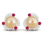 Round South Sea Pearl Swirl Stud Earrings with Ruby and Diamond South Sea Pearl-AAA Quality - Arisha Jewels