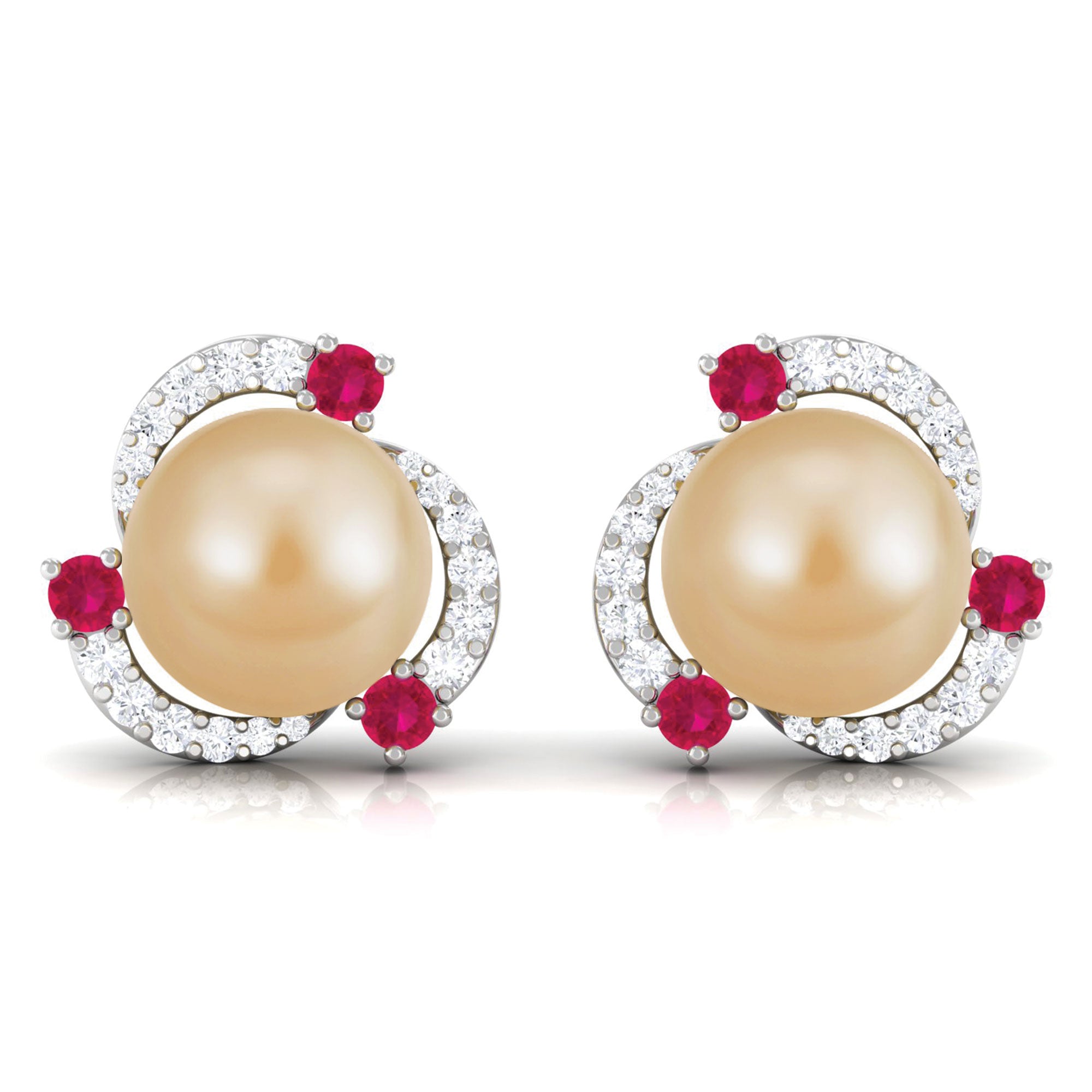 Round South Sea Pearl Swirl Stud Earrings with Ruby and Diamond South Sea Pearl-AAA Quality - Arisha Jewels