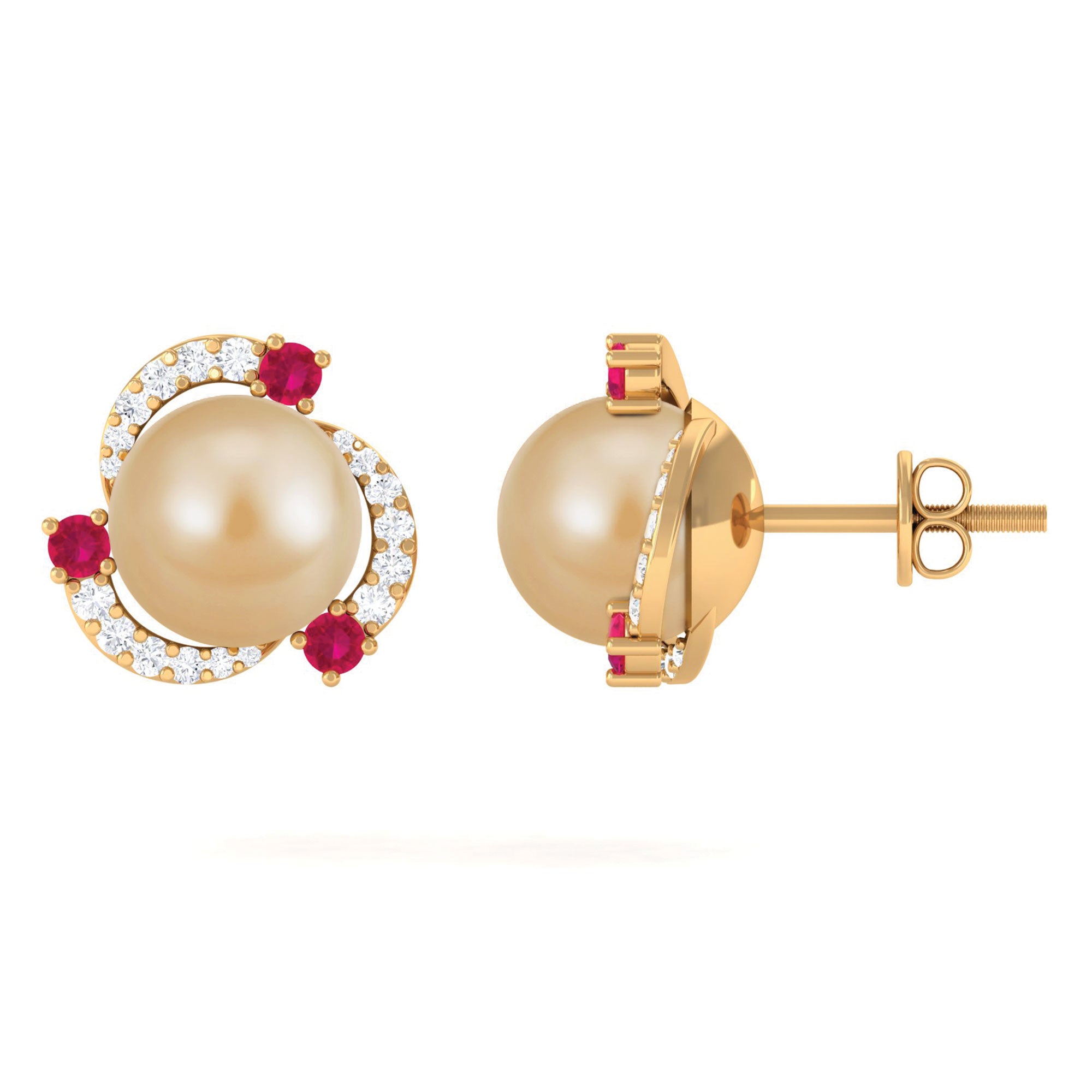 Round South Sea Pearl Swirl Stud Earrings with Ruby and Diamond South Sea Pearl-AAA Quality - Arisha Jewels