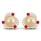 Round South Sea Pearl Swirl Stud Earrings with Ruby and Diamond South Sea Pearl-AAA Quality - Arisha Jewels