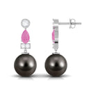 Black Pearl Drop Earrings with Pink Sapphire and Diamond Tahitian pearl-AAA Quality - Arisha Jewels