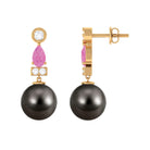 Black Pearl Drop Earrings with Pink Sapphire and Diamond Tahitian pearl-AAA Quality - Arisha Jewels