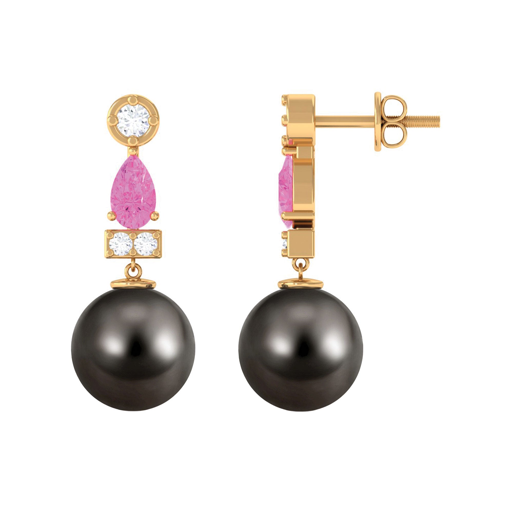 Black Pearl Drop Earrings with Pink Sapphire and Diamond Tahitian pearl-AAA Quality - Arisha Jewels