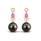 Black Pearl Drop Earrings with Pink Sapphire and Diamond Tahitian pearl-AAA Quality - Arisha Jewels