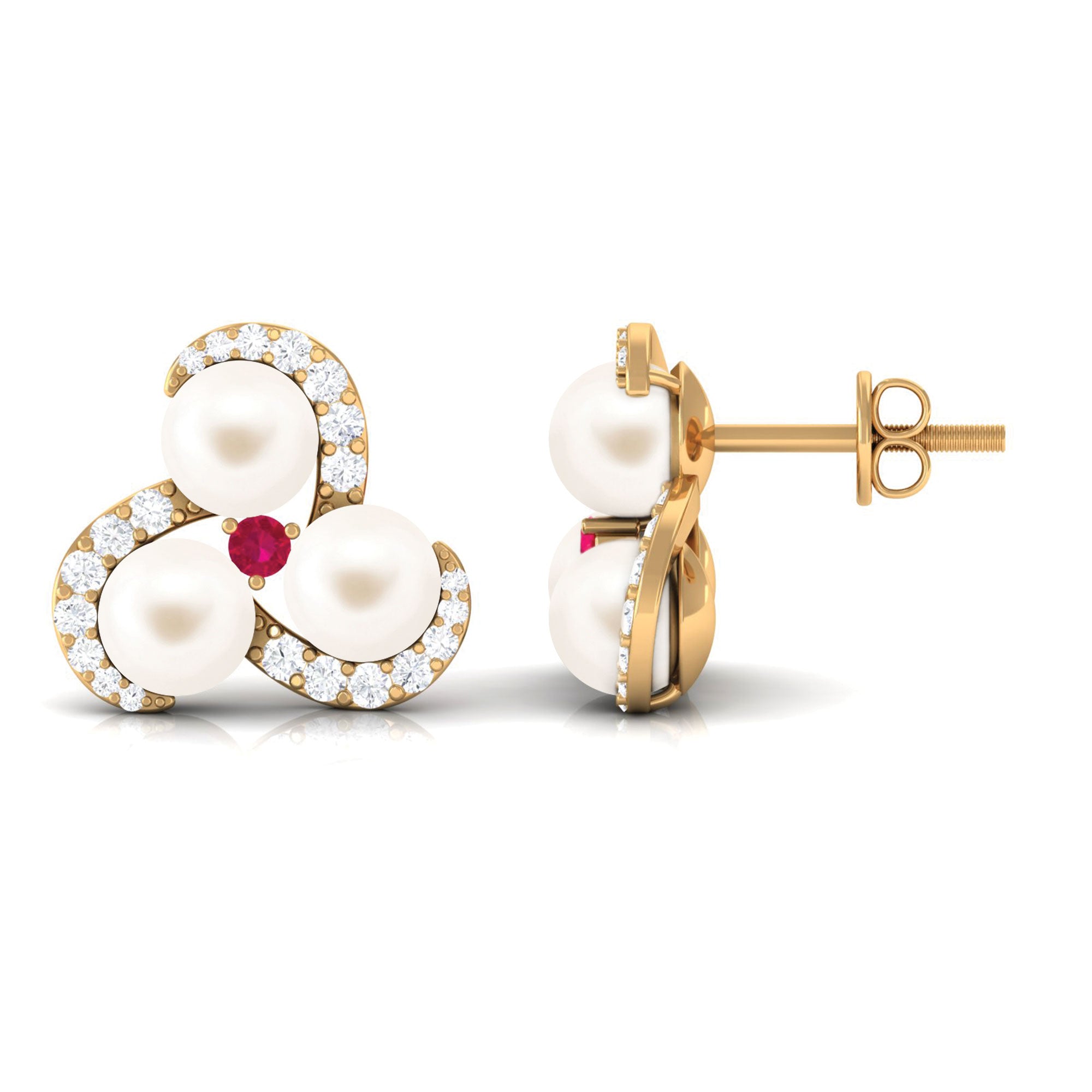 Freshwater Pearl Cluster Stud Earrings with Ruby and Diamond Freshwater Pearl-AAA Quality - Arisha Jewels
