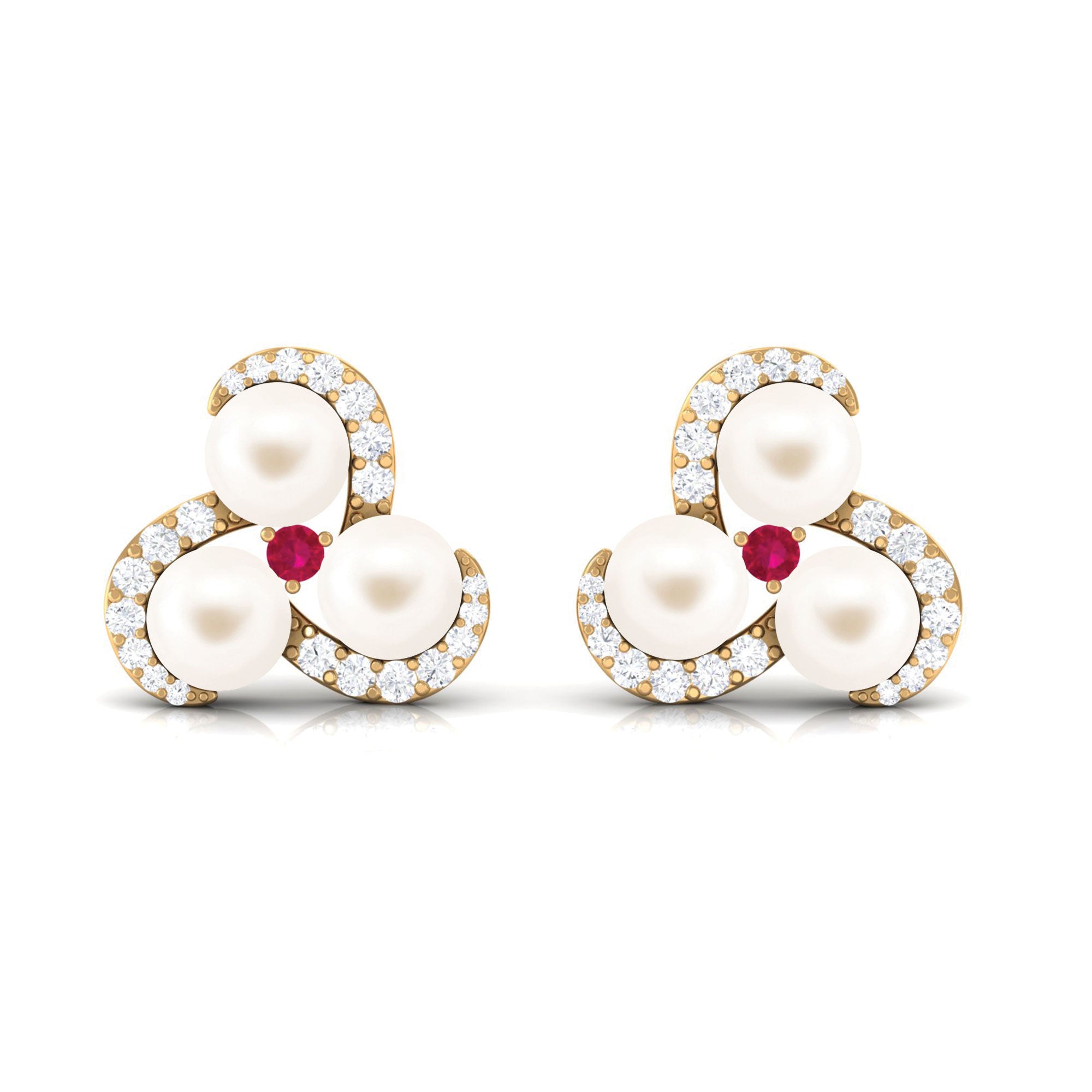 Freshwater Pearl Cluster Stud Earrings with Ruby and Diamond Freshwater Pearl-AAA Quality - Arisha Jewels