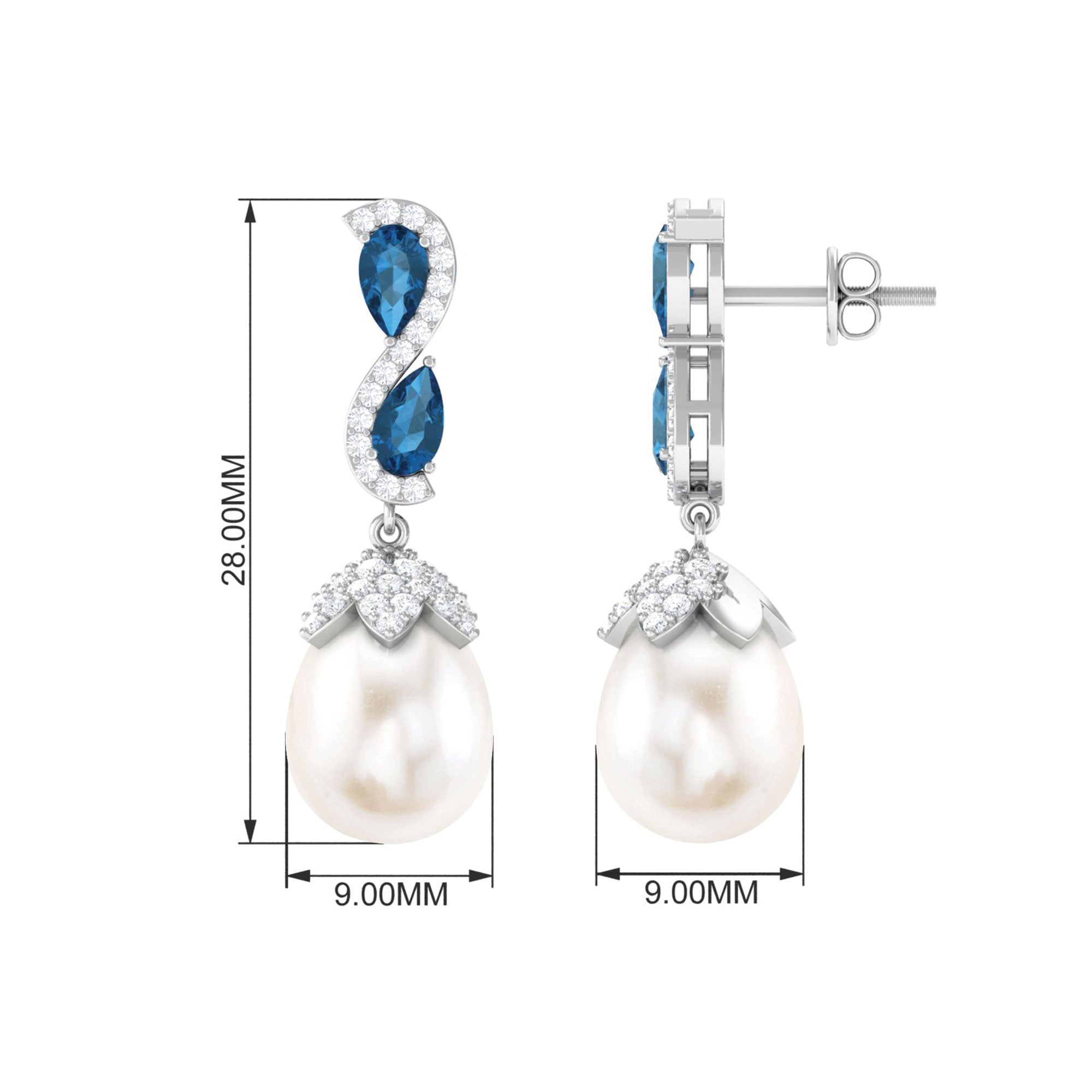 Pearl Drop Earrings with London Blue Topaz and Diamond Freshwater Pearl-AAA Quality - Arisha Jewels