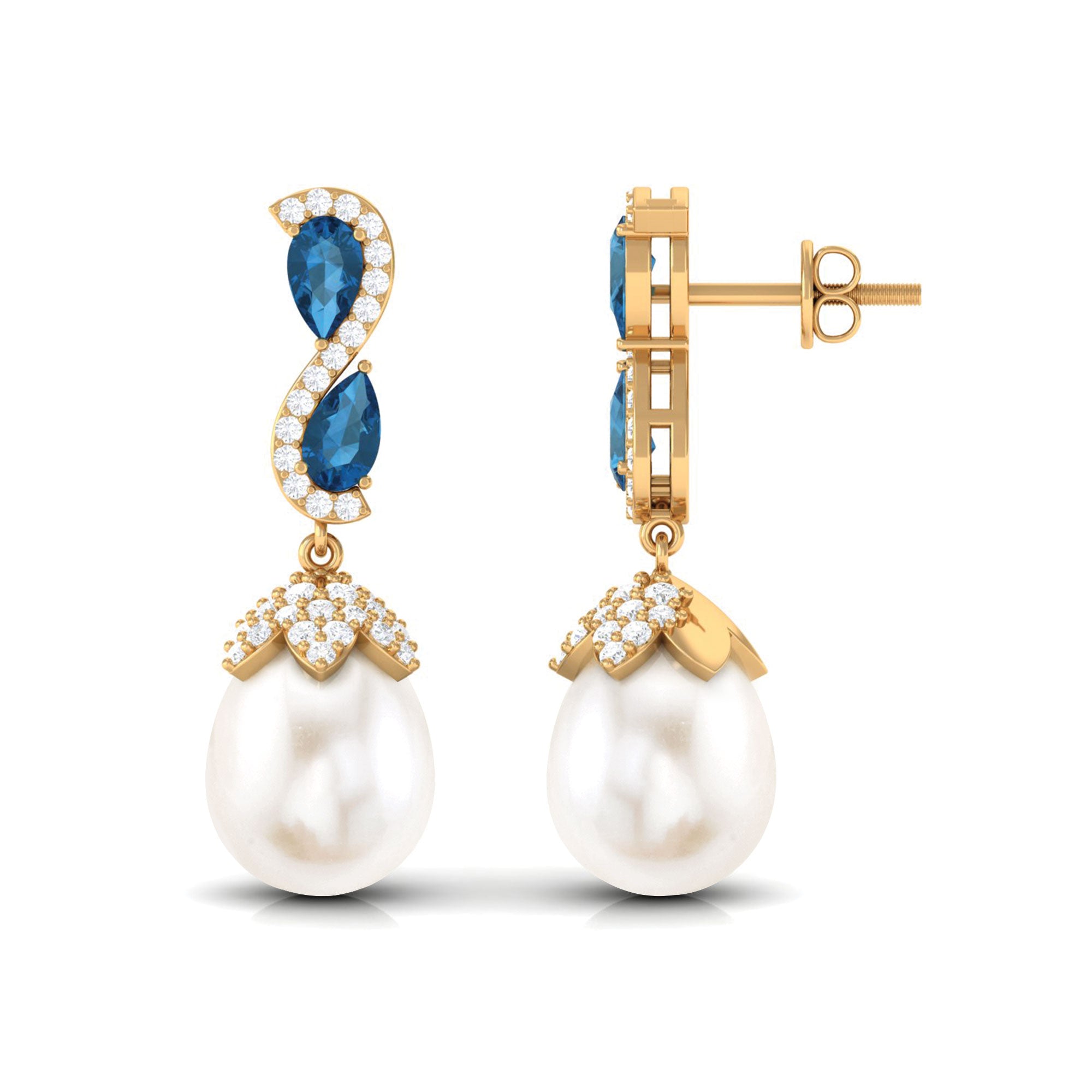 Pearl Drop Earrings with London Blue Topaz and Diamond Freshwater Pearl-AAA Quality - Arisha Jewels