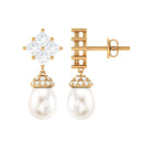 Natural Freshwater Pearl Drop Earrings with Diamond Cluster Freshwater Pearl - ( AAA ) - Quality - Arisha Jewels