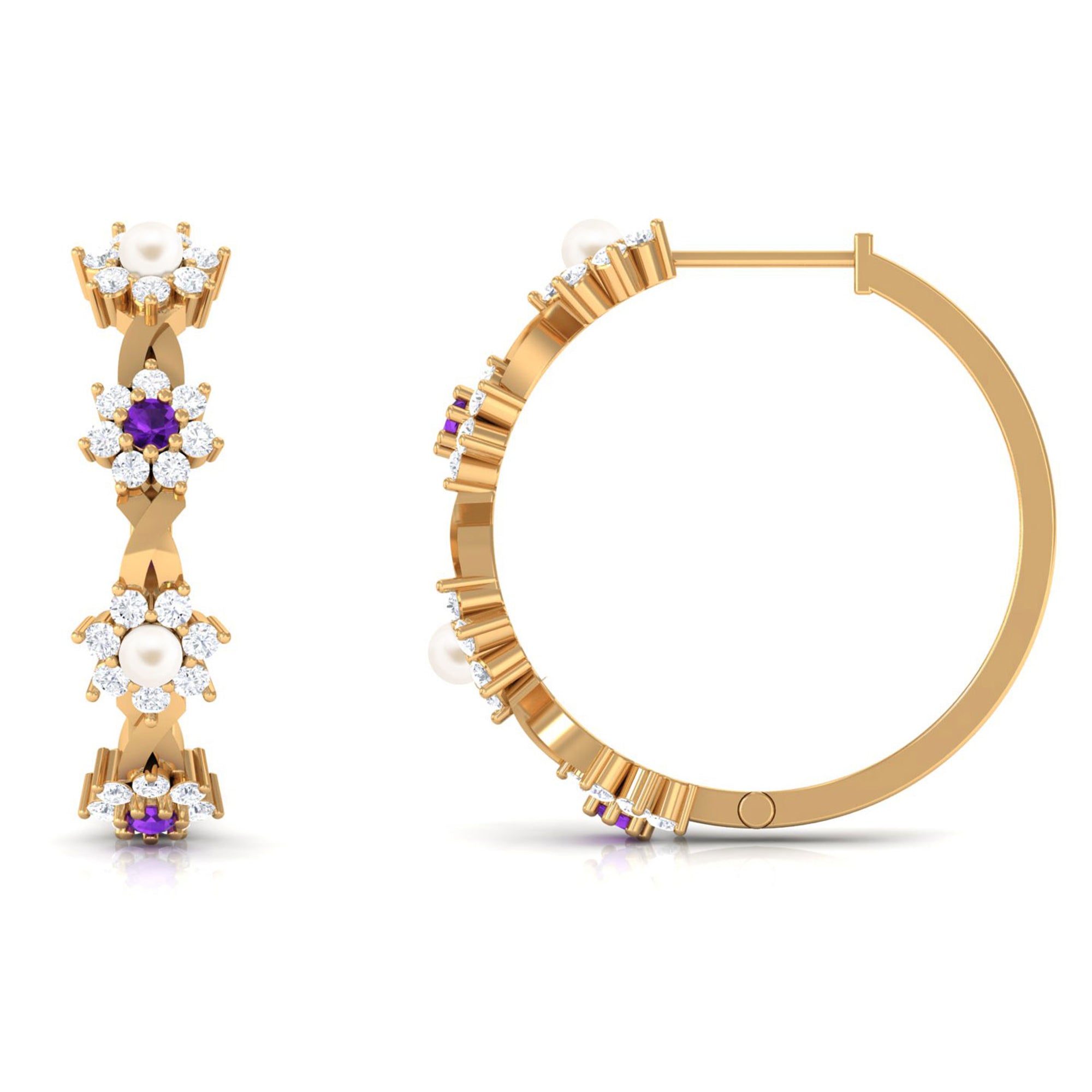 Floral Pearl Hoop Earrings with Amethyst and Diamond Freshwater Pearl-AAA Quality - Arisha Jewels