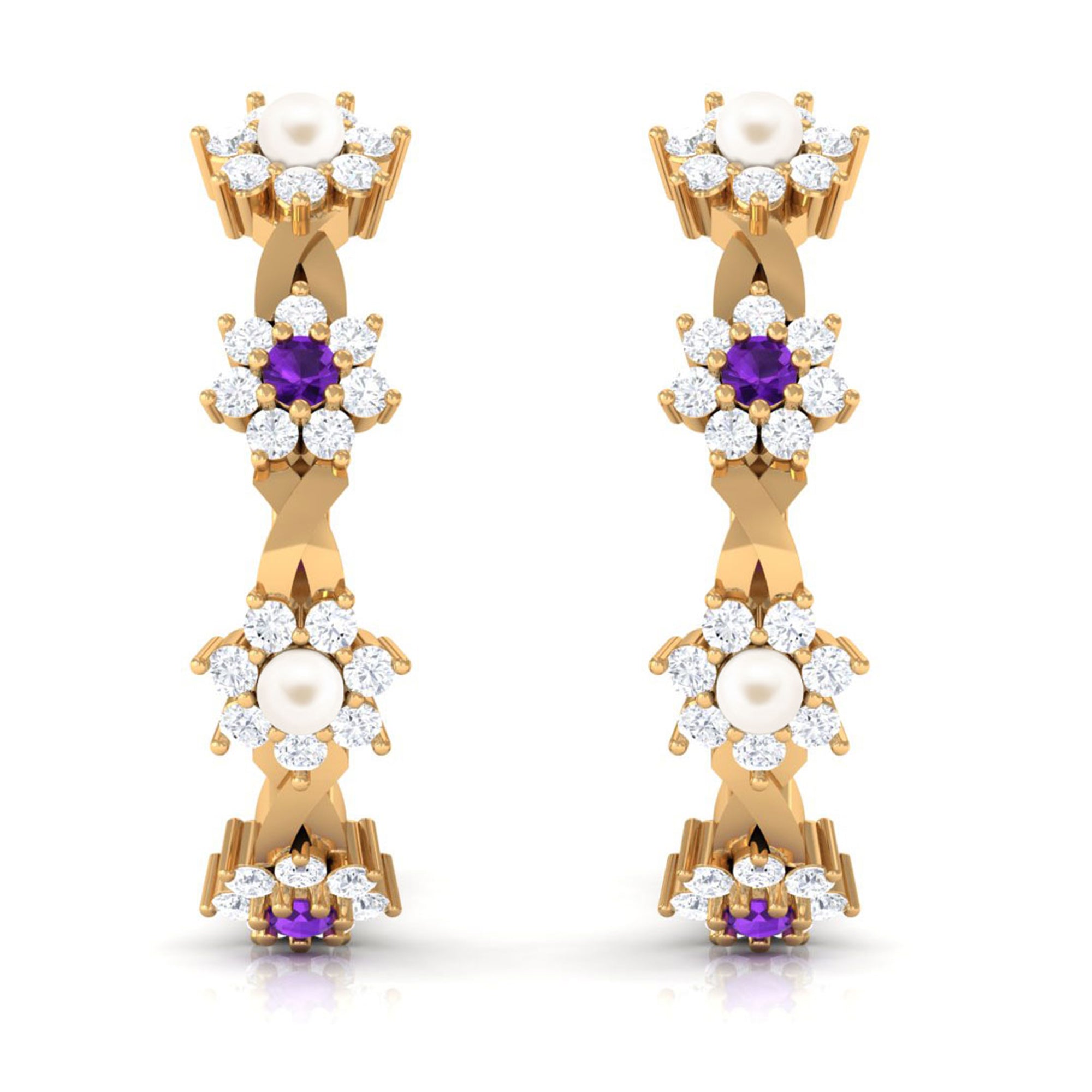 Floral Pearl Hoop Earrings with Amethyst and Diamond Freshwater Pearl-AAA Quality - Arisha Jewels