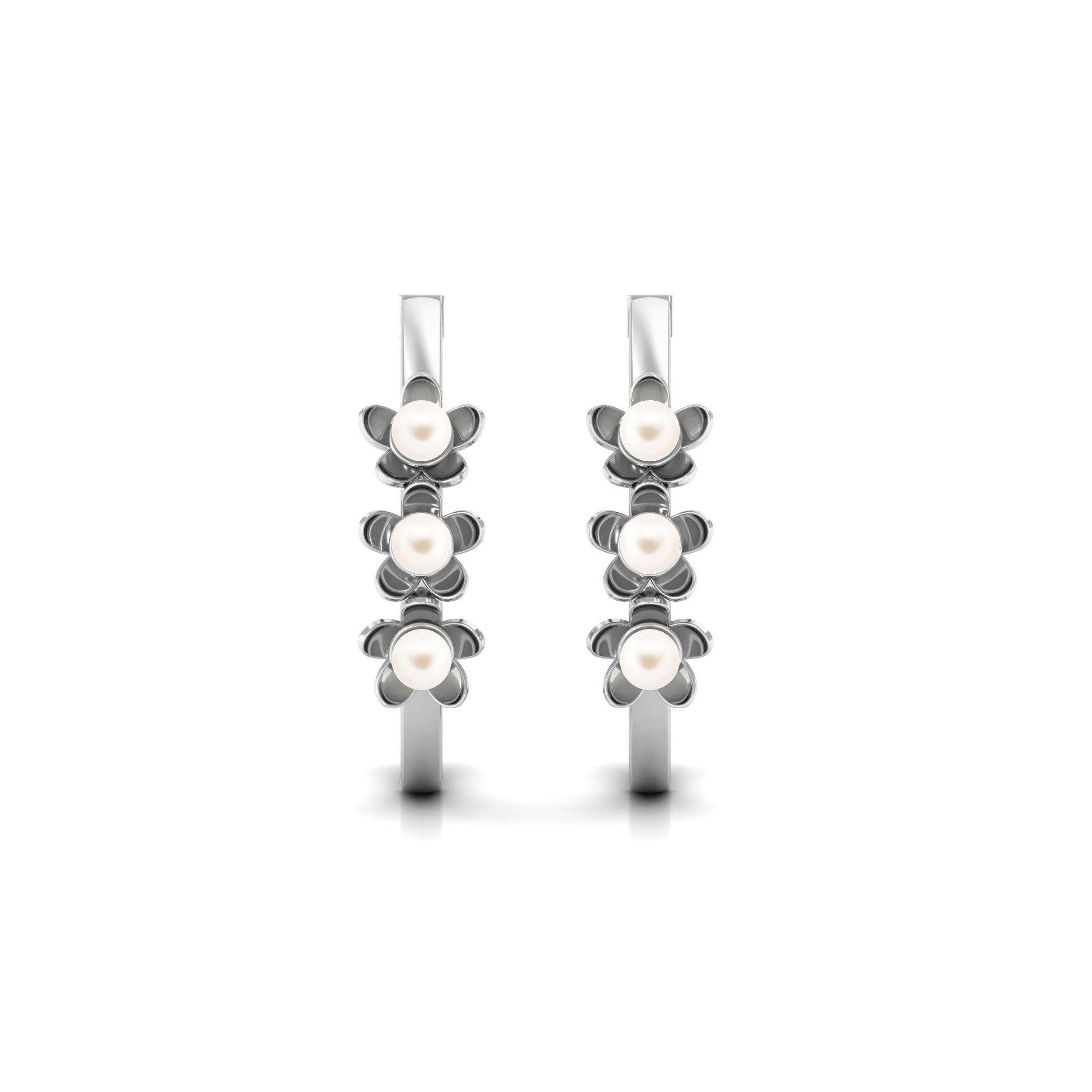 Floral Inspired Freshwater Pearl Three Stone Hoop Earrings Freshwater Pearl-AAA Quality - Arisha Jewels