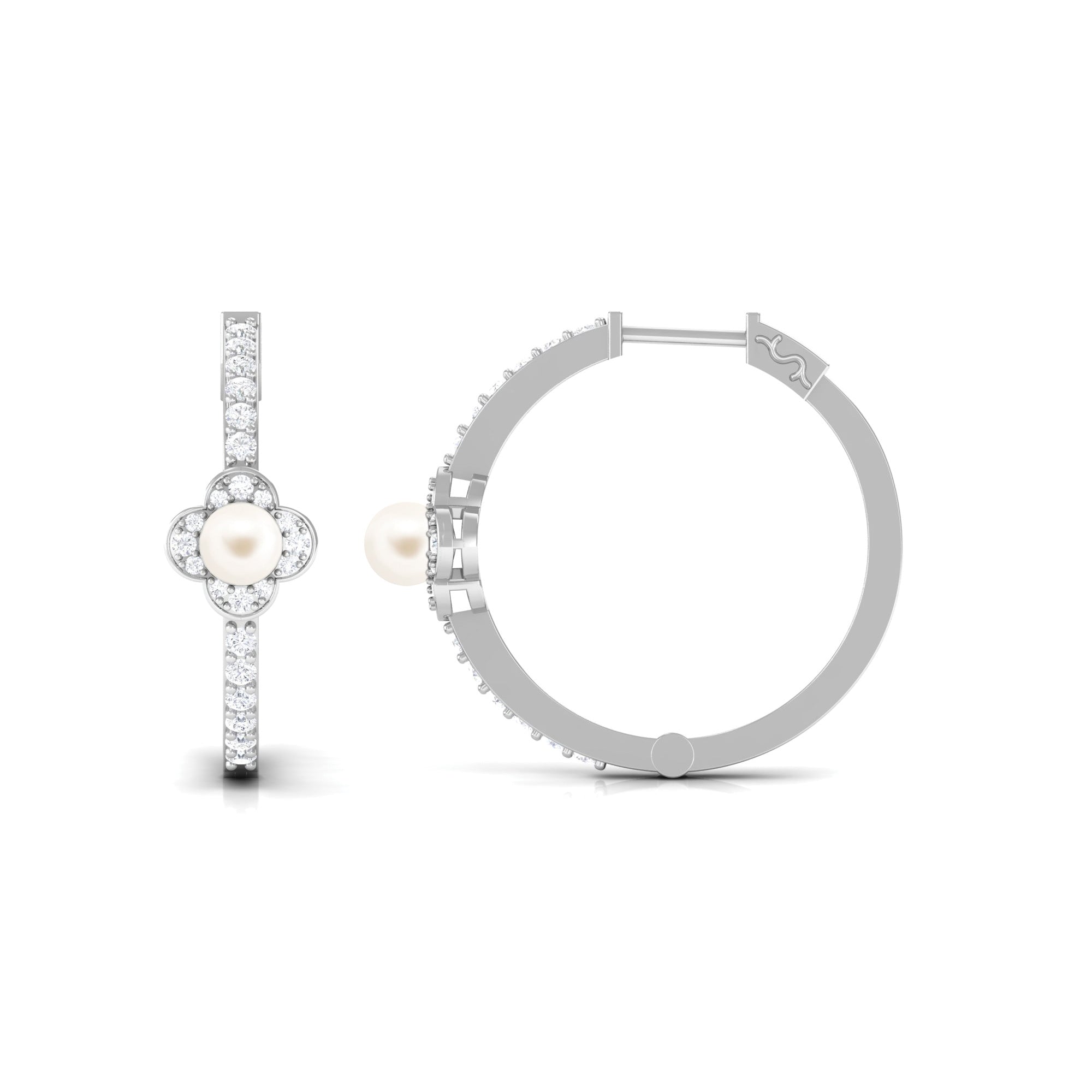 White Pearl Flower Hoop Earrings with Diamond Freshwater Pearl-AAA Quality - Arisha Jewels