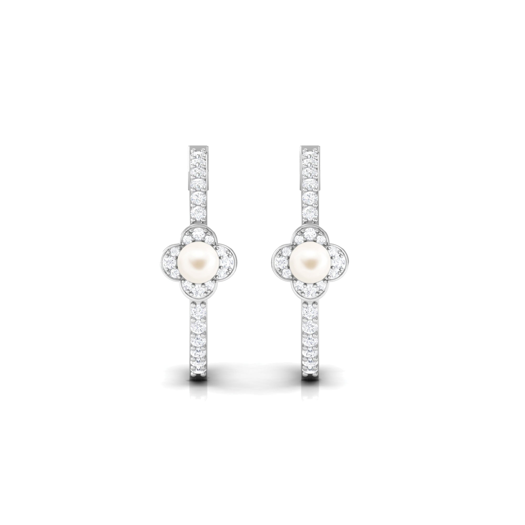 White Pearl Flower Hoop Earrings with Diamond Freshwater Pearl-AAA Quality - Arisha Jewels