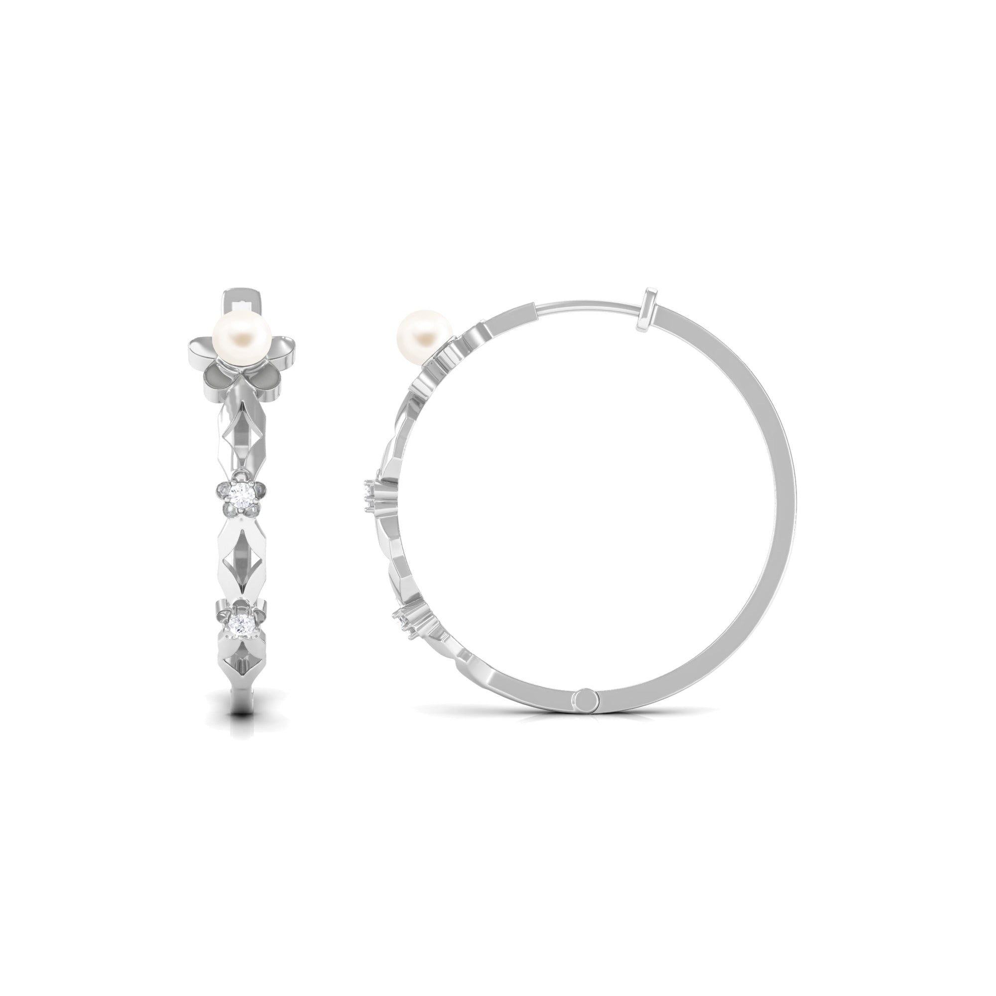 Nature Inspired White Pearl Floral Inspired Hoop Earrings with Diamond Freshwater Pearl-AAA Quality - Arisha Jewels