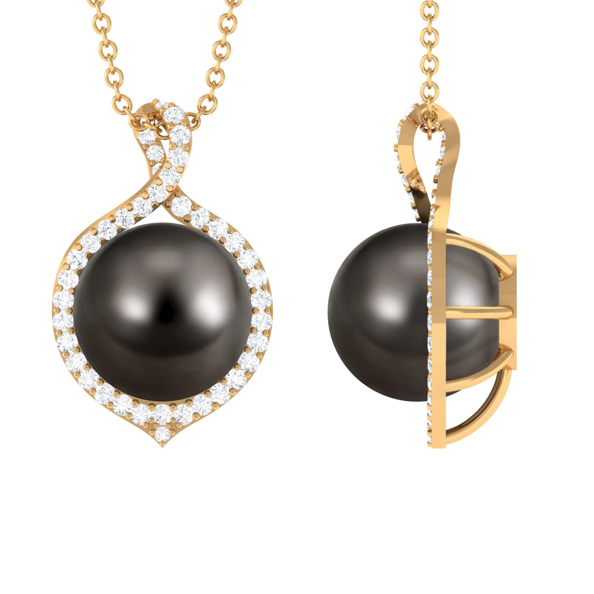 Minimal Black Pearl Pendant with Diamond Halo Tahitian pearl-AAAA Quality - Arisha Jewels