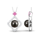 Black Pearl Flower Pendant Necklace with Diamond and Pink Sapphire Tahitian pearl-AAAA Quality - Arisha Jewels