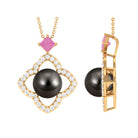 Black Pearl Flower Pendant Necklace with Diamond and Pink Sapphire Tahitian pearl-AAAA Quality - Arisha Jewels