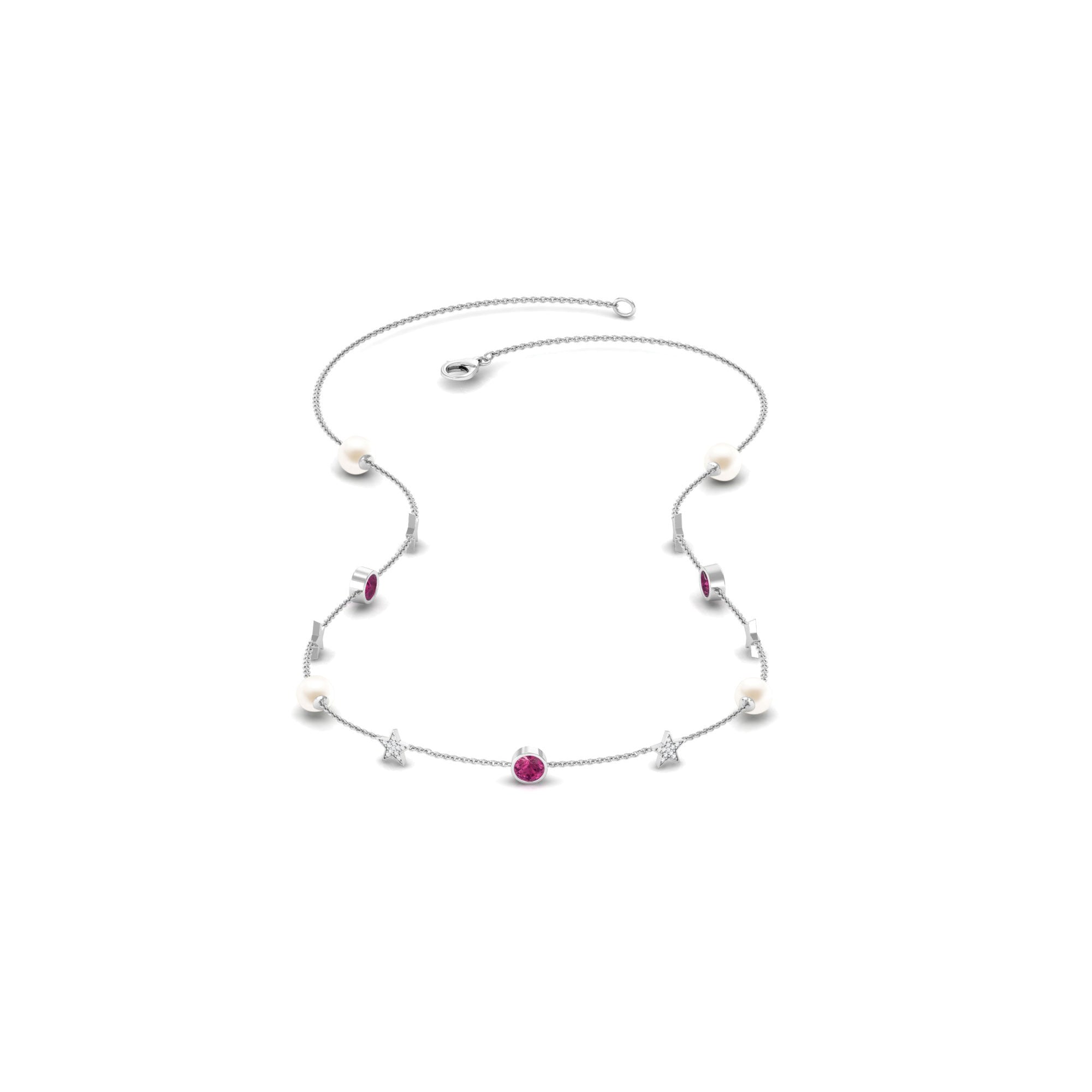 Freshwater Pearl Station Chain Necklace with Tourmaline and Diamond Freshwater Pearl-AAAA Quality - Arisha Jewels