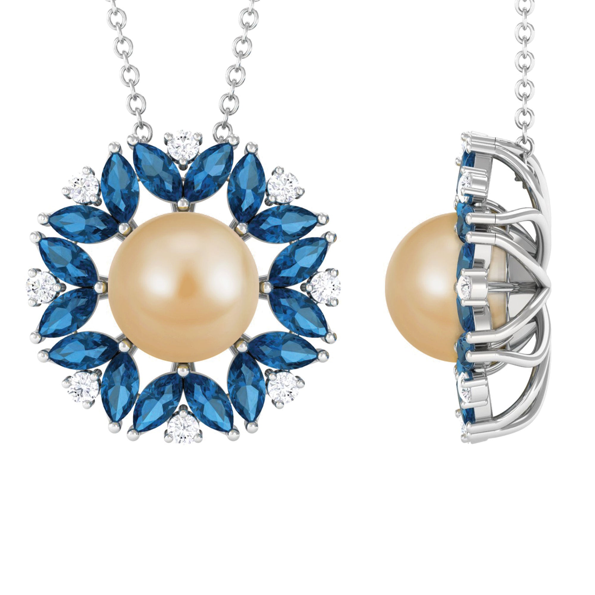South Sea Pearl Cocktail Pendant with London Blue Topaz Halo South Sea Pearl-AAAA Quality - Arisha Jewels