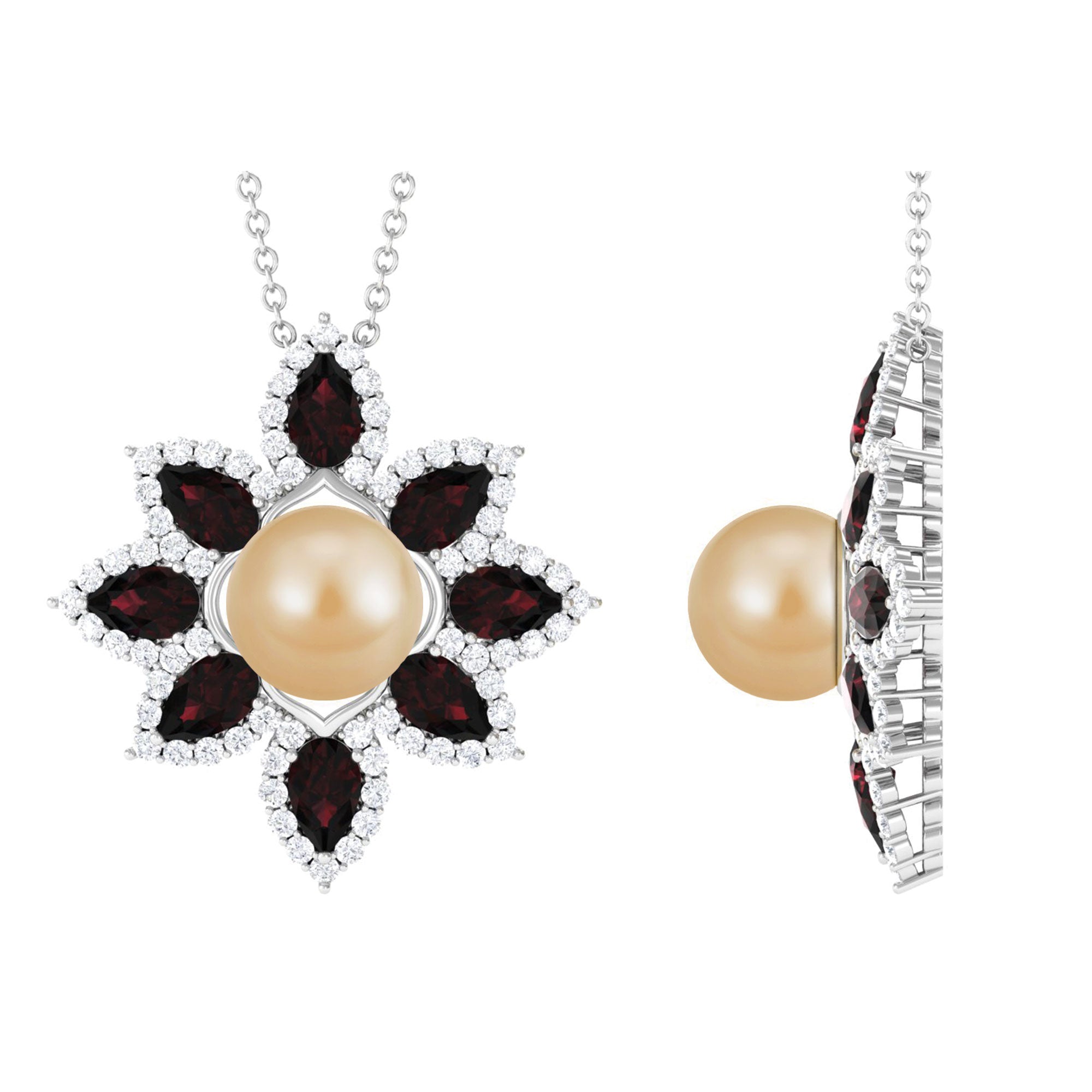 South Sea Pearl Flower Pendant Necklace with Garnet and Diamond South Sea Pearl-AAAA Quality - Arisha Jewels
