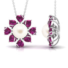 Arisha Jewels-Freshwater Pearl Floral Pendant with Heart Shaped Rhodolite Petals