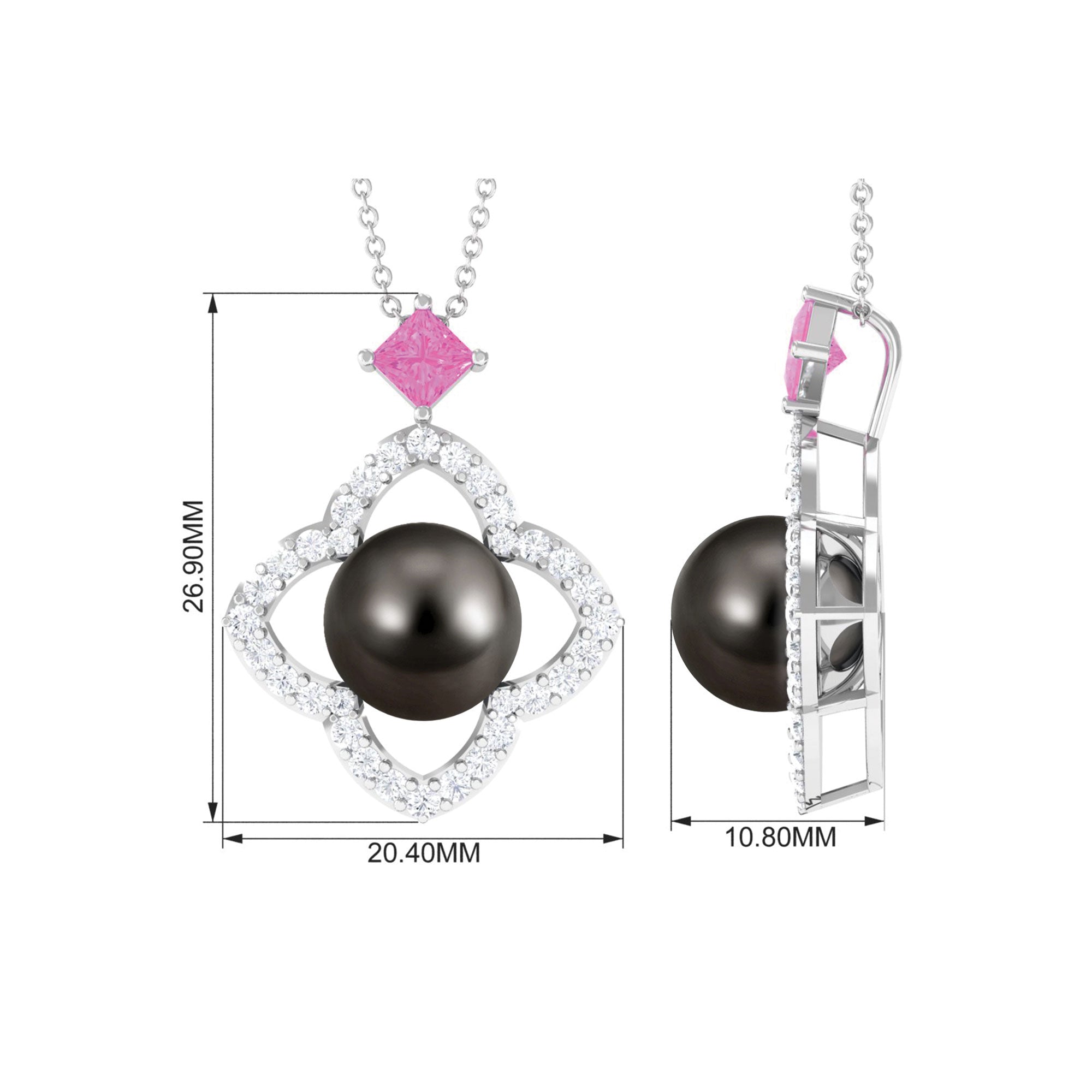 Black Pearl Flower Pendant Necklace with Diamond and Pink Sapphire Tahitian pearl-AAA Quality - Arisha Jewels